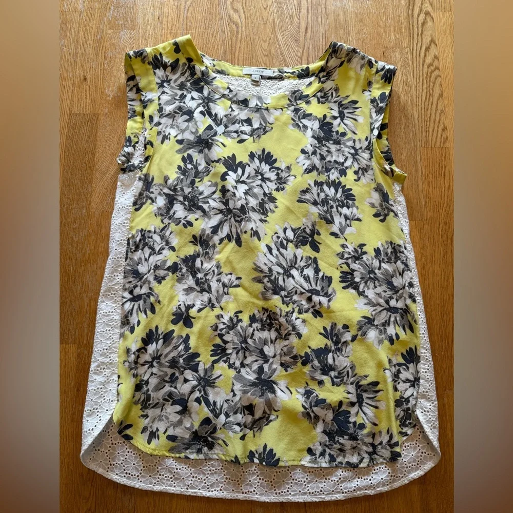 J Crew Silk Cotton Floral Size 4 Sleeveless Tunic Yellow‎ Black Eyelet Lace